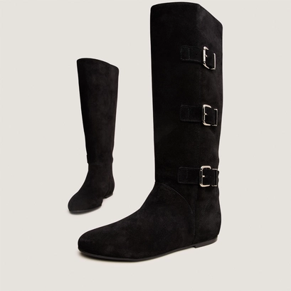 Bottes hautes &agrave; sangles in black split leather | deuzio