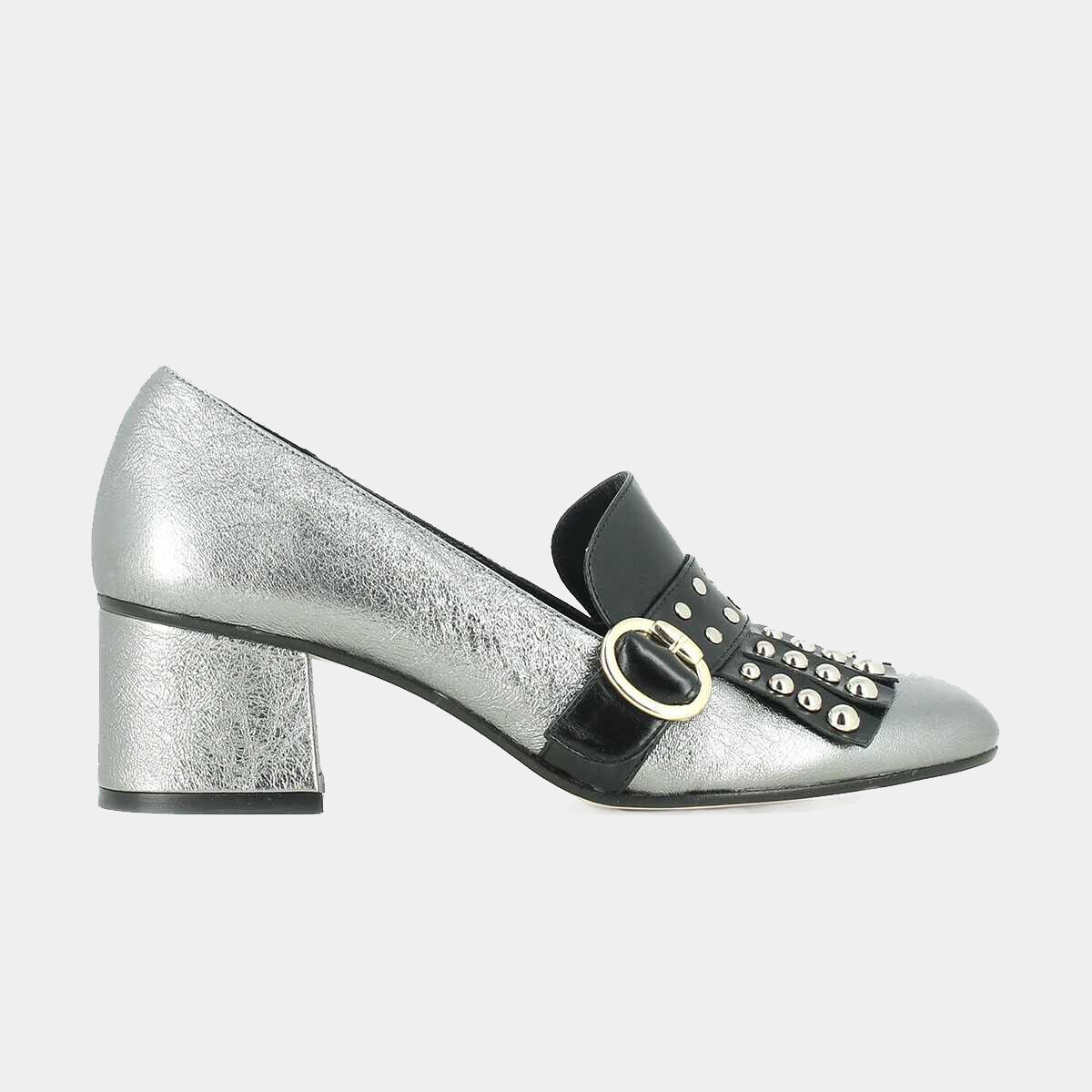 Mocassins &agrave; pattes frang&eacute;es et cabochons steel/black