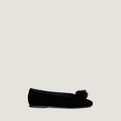 Ballerines &agrave; pompons in black velvet | dizon