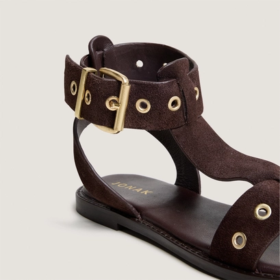 Sandales structur&eacute;es &agrave; brides chevilles in dark brown split leather | WIZZ