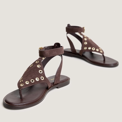 Sandales structur&eacute;es &agrave; entredoigts in dark brown split leather | WOOPS