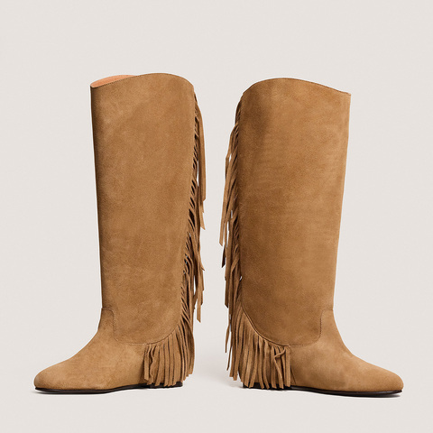 Bottes &agrave; franges et bouts ronds dark beige