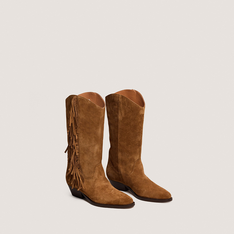 Bottes &agrave; franges et talons biseaut&eacute;s cognac