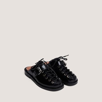 Mules &agrave; lacets in black glazed leather| DESSA