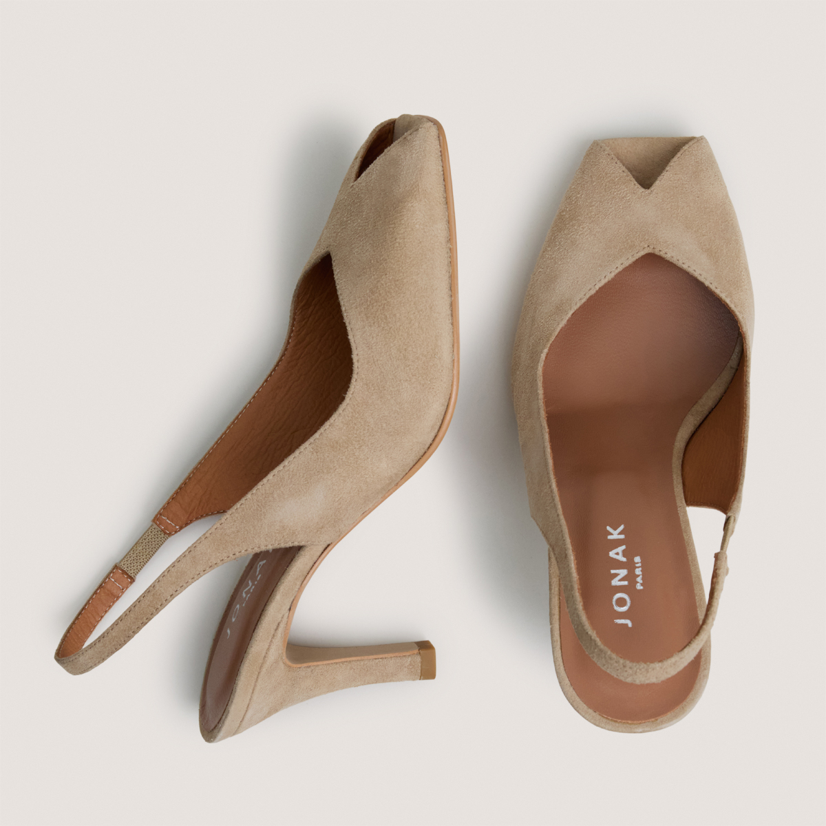 Escarpins slingbacks &agrave; bouts carr&eacute;s camel