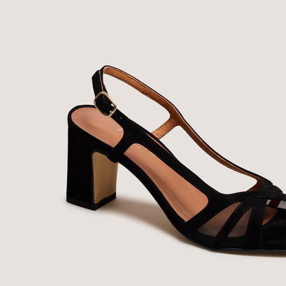 Sandales &agrave; talons in black suede and black mesh | vahine
