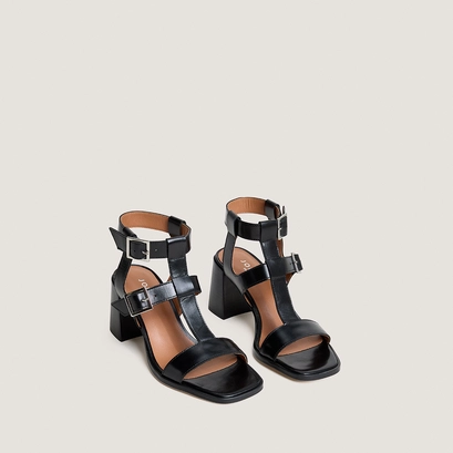 Sandales &agrave; talons et doubles brides ajustables in black leather | valencia