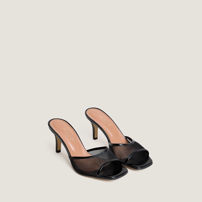 Mules &agrave; talons in black glossy leather and black mesh | VAV