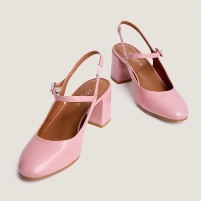 Babies &agrave; talons et bouts arri&egrave;res ouverts in petal pink pleated patent leather | dollar