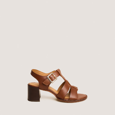 Sandales &agrave; talons carr&eacute;s et boucles ajustables cognac