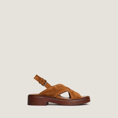 Sandales &agrave; brides entrelac&eacute;es in cognac split leather | elio