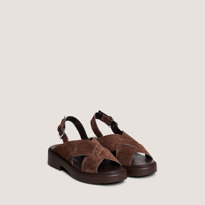 Sandales &agrave; brides entrelac&eacute;es in dark brown split leather | elio