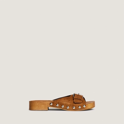 Mules &agrave; petits talons et rivets in cognac split leather | ENORA