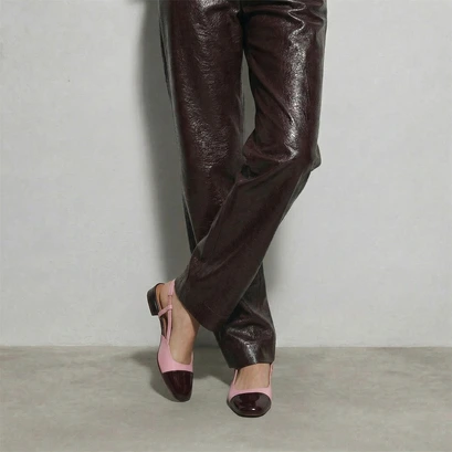 Ballerines slingbacks in burgundy patent leather and petal pink pleated patent leather | dhapou