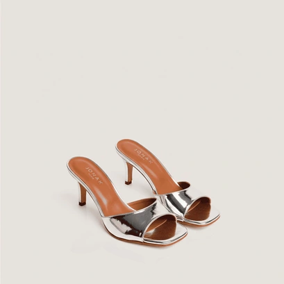 Heeled mules in silver mirror leather | vertigo