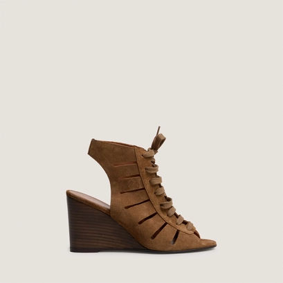 Sandales compens&eacute;es &agrave; lacets et arri&egrave;res ouverts in cognac split leather | datelle
