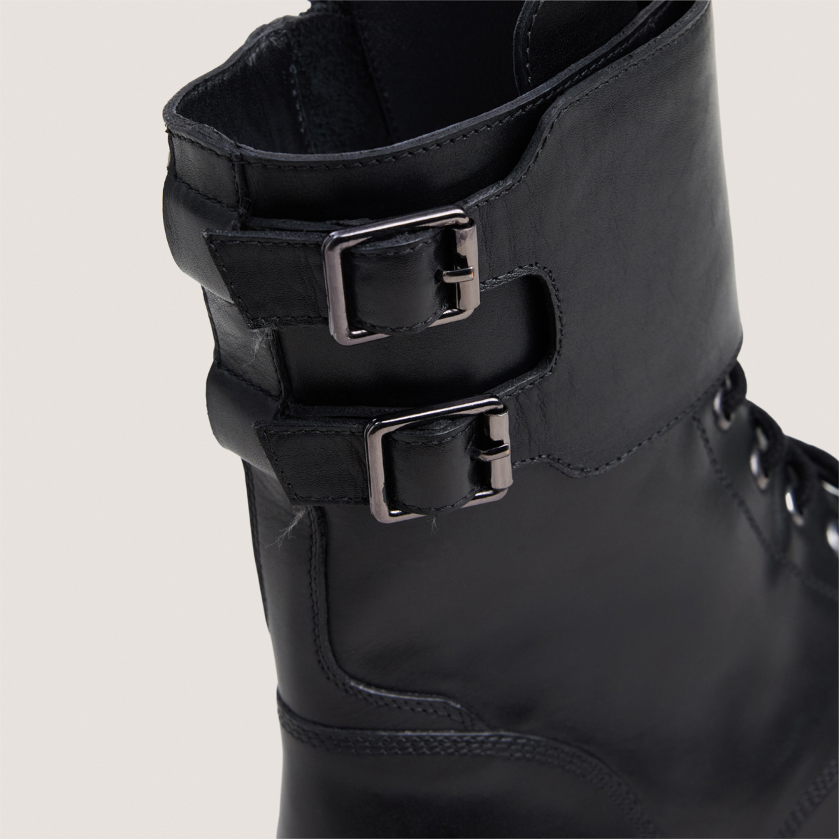 Lace-up low boots with double buckle straps black