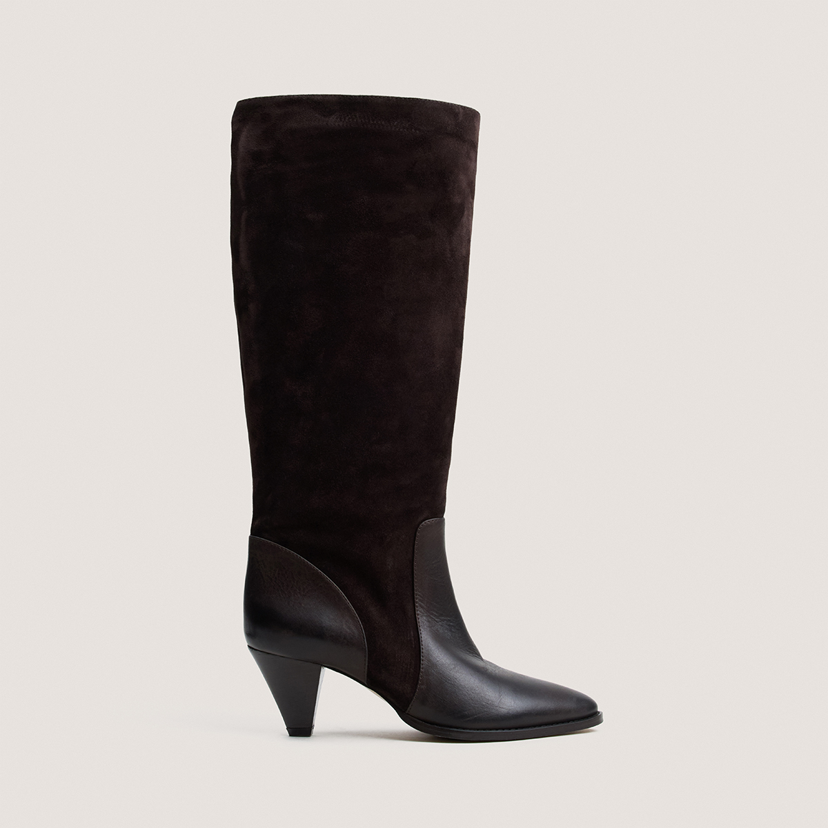 Boots with pointed heels in brown leather and brown split leather | LEONORE