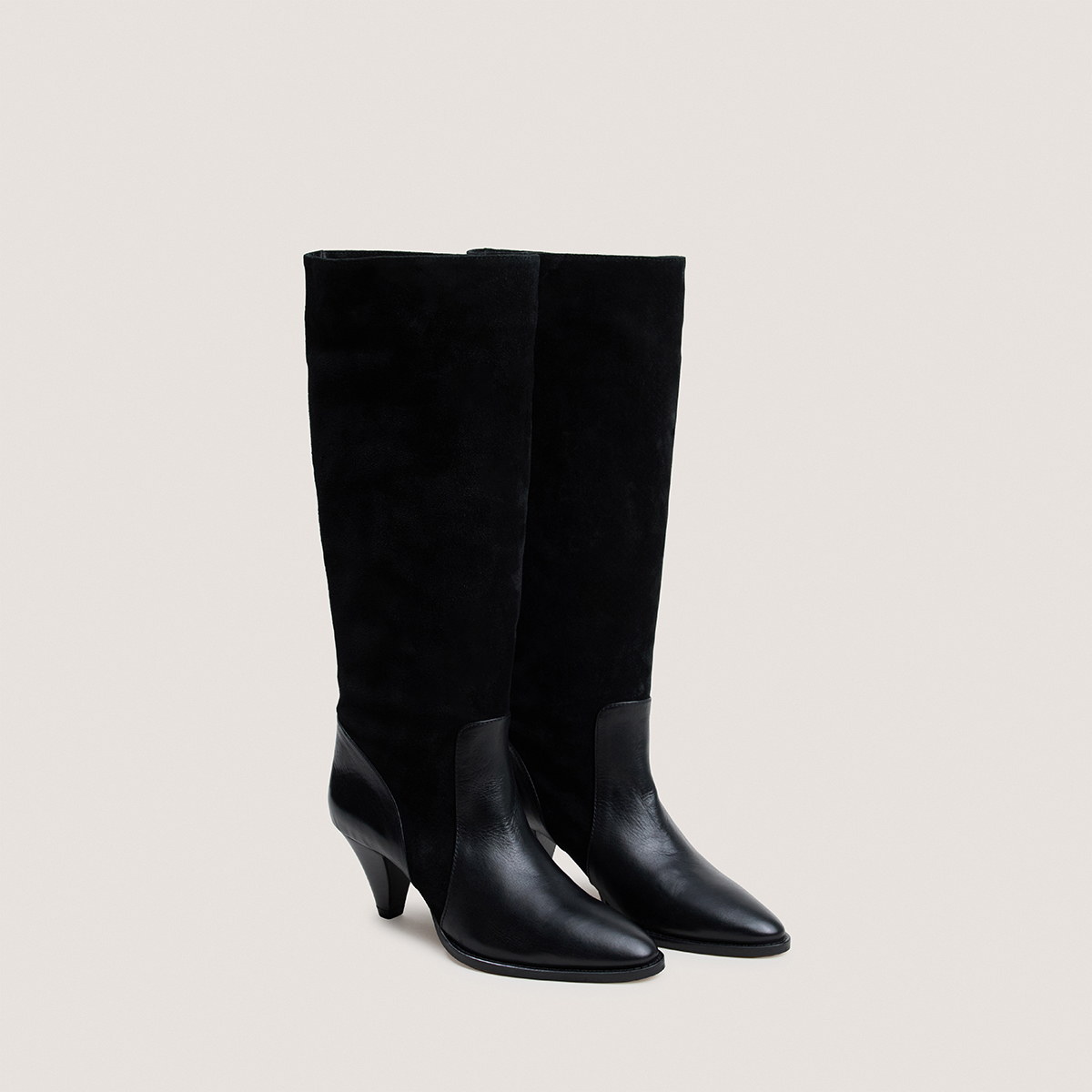 Boots with pointed heels in black leather and black split leather | LEONORE