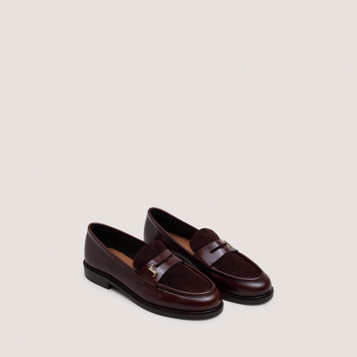 Round-toe monogram loafers in chocolate leather and brown suede | DUEDI