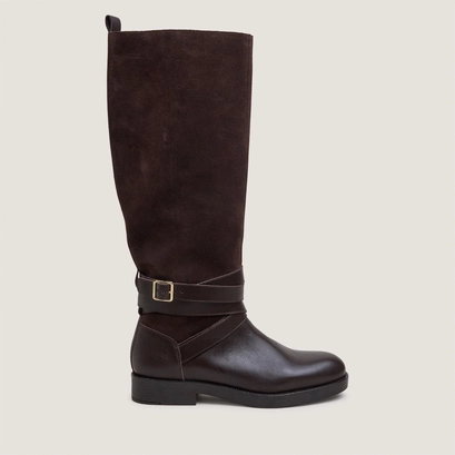 Riding boots with ankle straps in chocolate leather and chocolate split leather | thea
