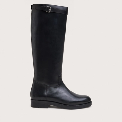 Flat-heeled boots with straps in black leather|titouan