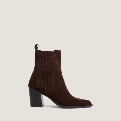 Heeled and gathered ankle boots in chocolate split leather | pipa