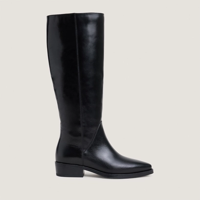 Boots with flat heels and pointed toes in black leather | clarisse