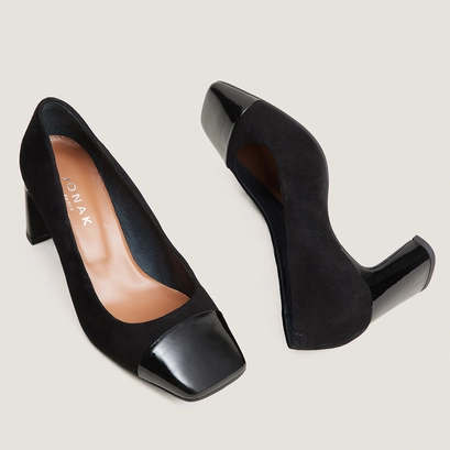 Block heels square-toe pumps in black patent leather and black suede | dog