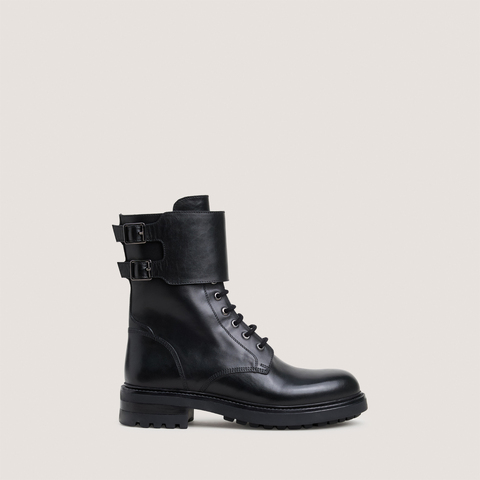 Lace-up low boots with double buckle straps black