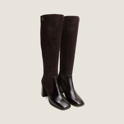 Heeled monogram boots in dark brown leather and dark brown suede | vaubo