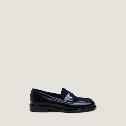 Round-toe monogram loafers in navy leather and navy suede | duedi