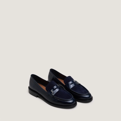 Round-toe monogram loafers in navy leather and navy suede | duedi