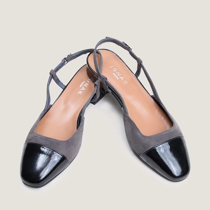 Slingbacks ballet flats in black shiny leather and grey suede | dhapou