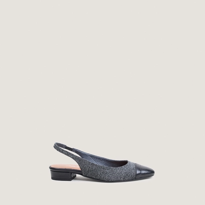 Low-heel slingback ballet flats in black leather and grey chevron pattern | DECISION