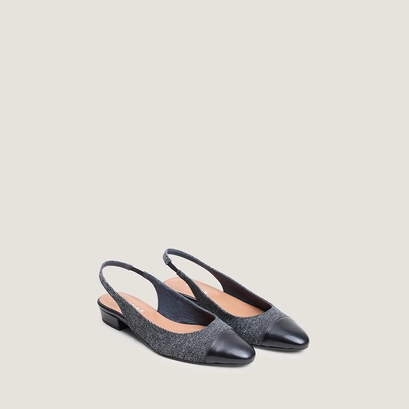 Low-heel slingback ballet flats in black leather and grey chevron pattern | DECISION