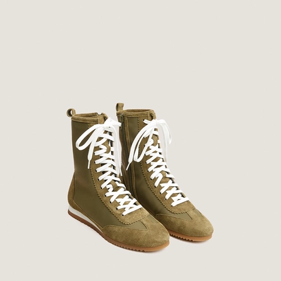 High-top lace-up sneakers in khaki split leather and khaki nylon | duto