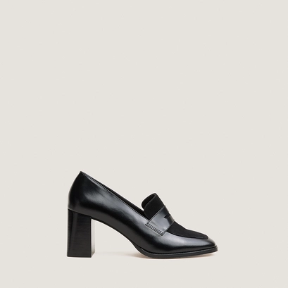Heeled loafers in black leather and velvet | varia