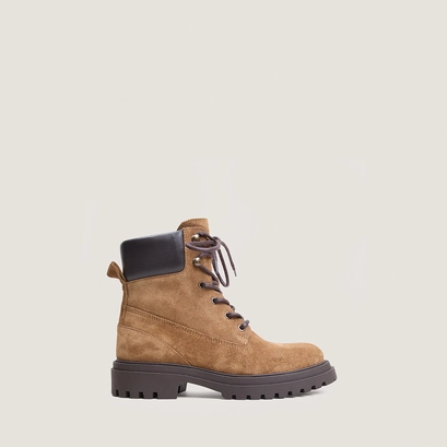 Lace-up boots with lug soles in taupe split leather and brown leather | louane