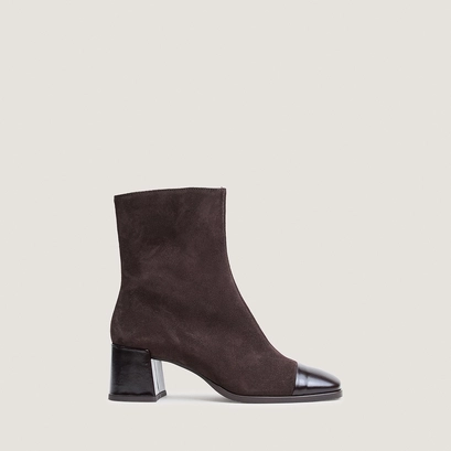 Heeled ankle boots with square toes in dark brown leather and dark brown split leather | almir