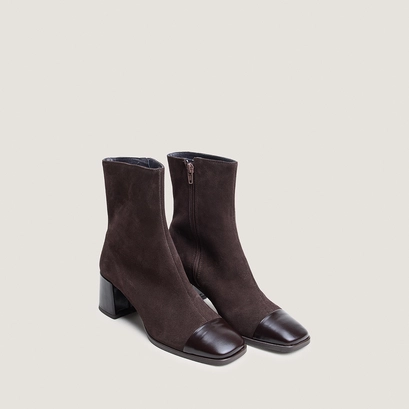 Heeled ankle boots with square toes in dark brown leather and dark brown split leather | almir