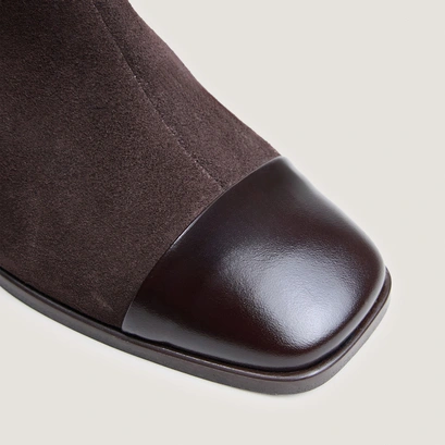 Heeled ankle boots with square toes in dark brown leather and dark brown split leather | almir