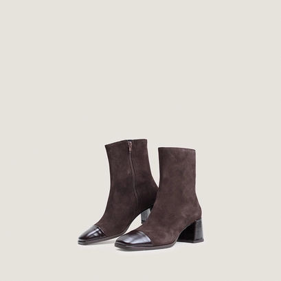 Heeled ankle boots with square toes in dark brown leather and dark brown split leather | almir