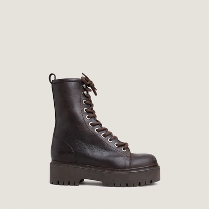 Lace-up boots with lug soles in dark brown grained leather | althea