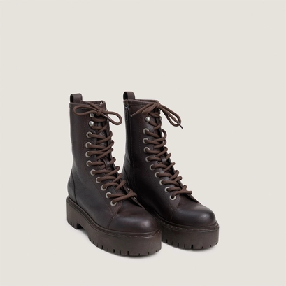 Lace-up boots with lug soles in dark brown grained leather | althea