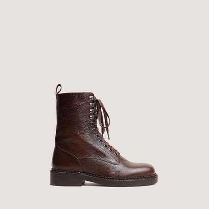 Lace-up heeled ankle boots in brown grained leather | doll