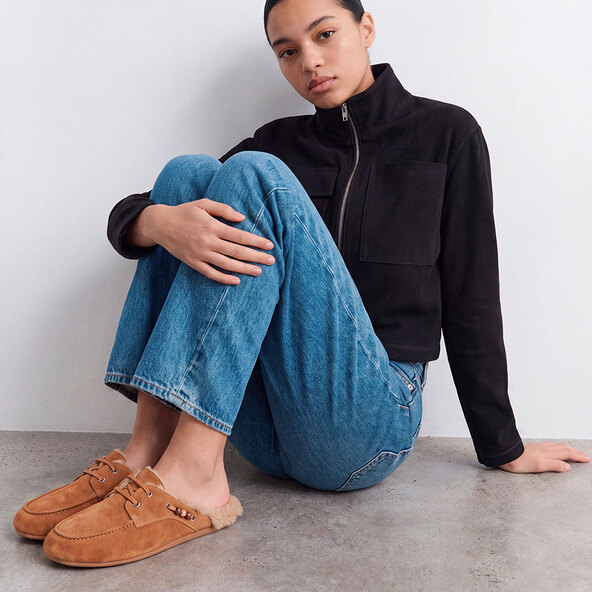 Soft backless loafers in cognac split leather | LILOU