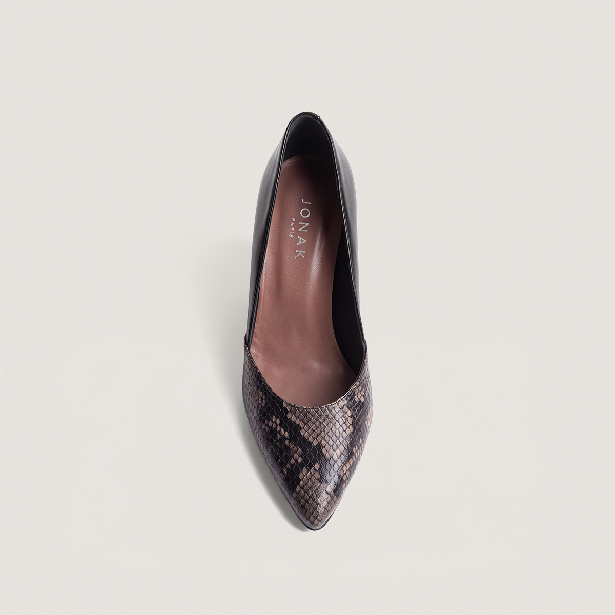 Pumps with pointed toes in taupe python-effect leather and black leather | DIALECTE