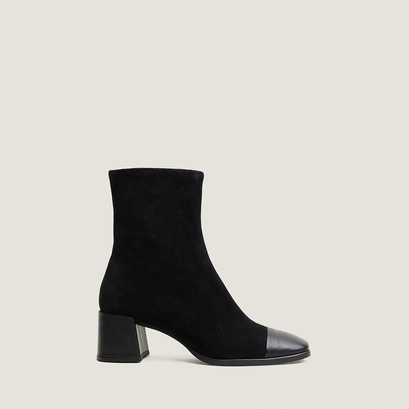 Heeled ankle boots with square toes in black leather and black split leather | almir