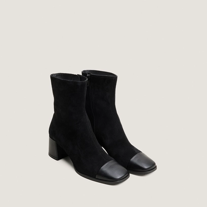 Heeled ankle boots with square toes in black leather and black split leather | almir
